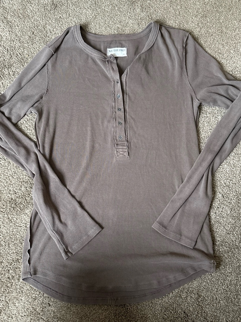 We The Free Taupe Ribbed Henley Long Sleeve Top